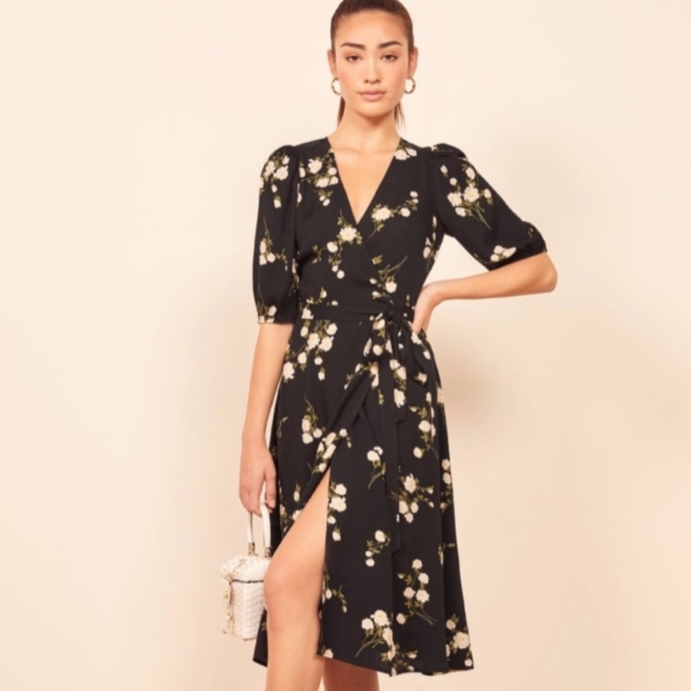 Reformation “Layley” Black Floral Midi Dress